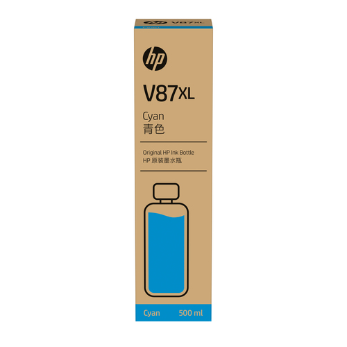[7FN95A] HP Cartouche d’encre cyan grande capacité V87XL en bouteille - 500 ml, DesignJet T858, DesignJet T908, DesignJet T918, Impression à jet d'encre, Cyan, 75 mm, 75 mm, 286,5 mm